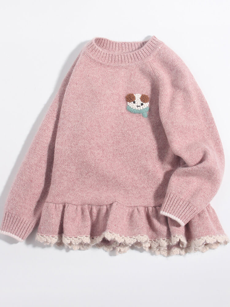 (image for) Girls Pink Cashmere Sweater with Puppy Patch and Ruffle Lace Hem